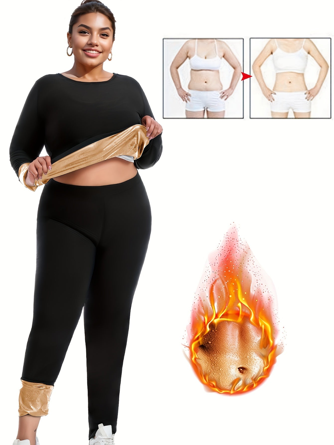 Set Of 2 Plus-size Women's Sportswear, Sauna Yoga Set, With Internal Sweat-absorbing Coating, Moisture-wicking, Yoga And Fitness Clothing, Plus-size Long-sleeved Top And Sauna Pants - Topdecheztop.fr