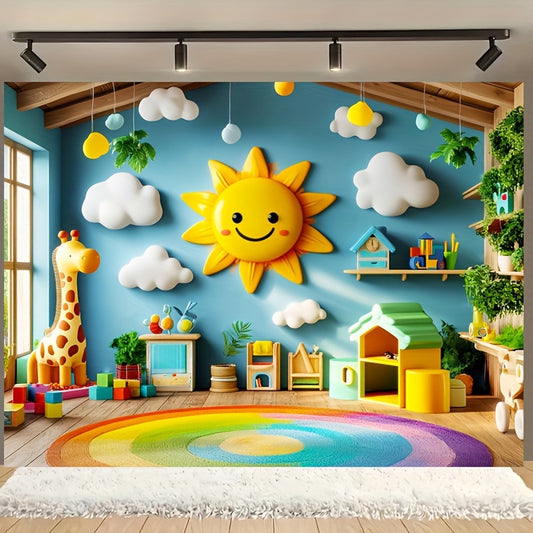 1pc, Photography Backdrop, Sunshine and Cloud Theme, 229.87*180.01cm, Colorful Cartoon Design, Wall Banner Decoration, Photo Prop Supplies - Topdecheztop.fr