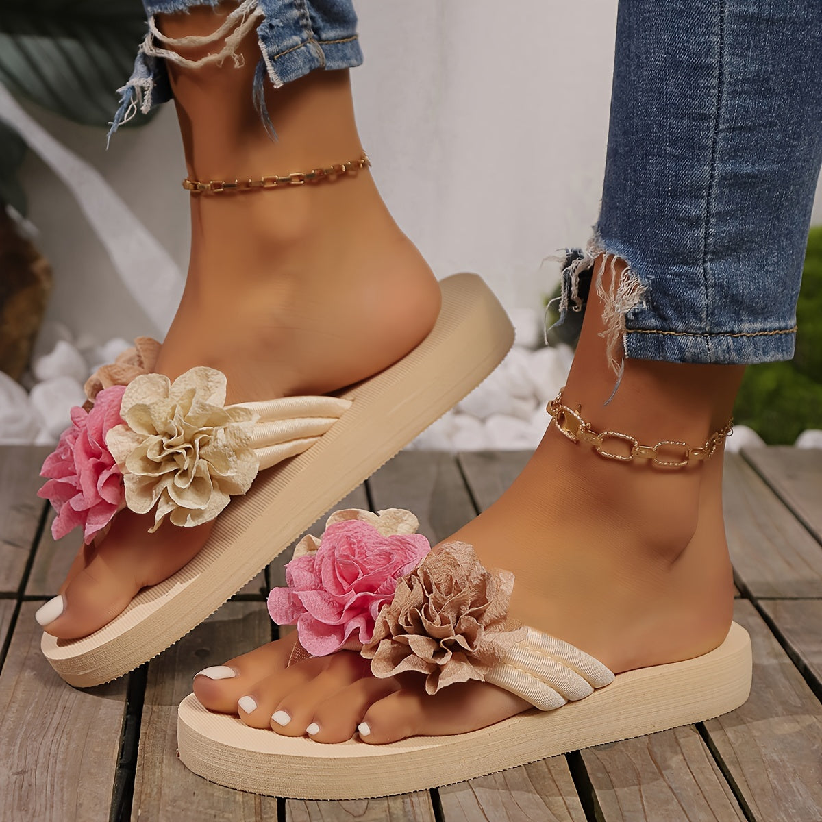 Women's Elegant Floral Flip Flops, Lightweight Flat Slip Onn Holiday Slides, Summer Beach Slides - Topdecheztop.fr