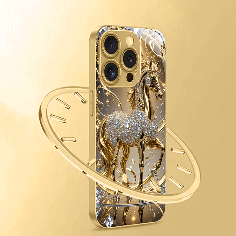 Coque de téléphone de luxe premium en verre avec motif cheval doré - Topdecheztop.fr