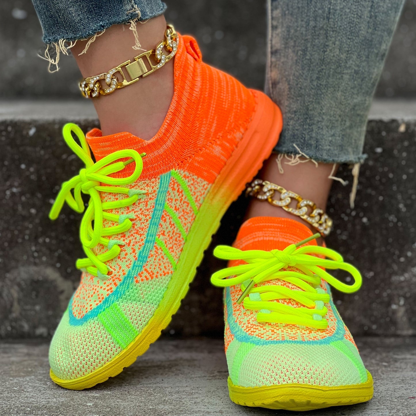 Women's Colorful Lace-up Sneakers, Comfortable Knitted Platform Soft Sole Walking Shoes, Breathable Running Shoes For Casual Sports Style - Topdecheztop.fr