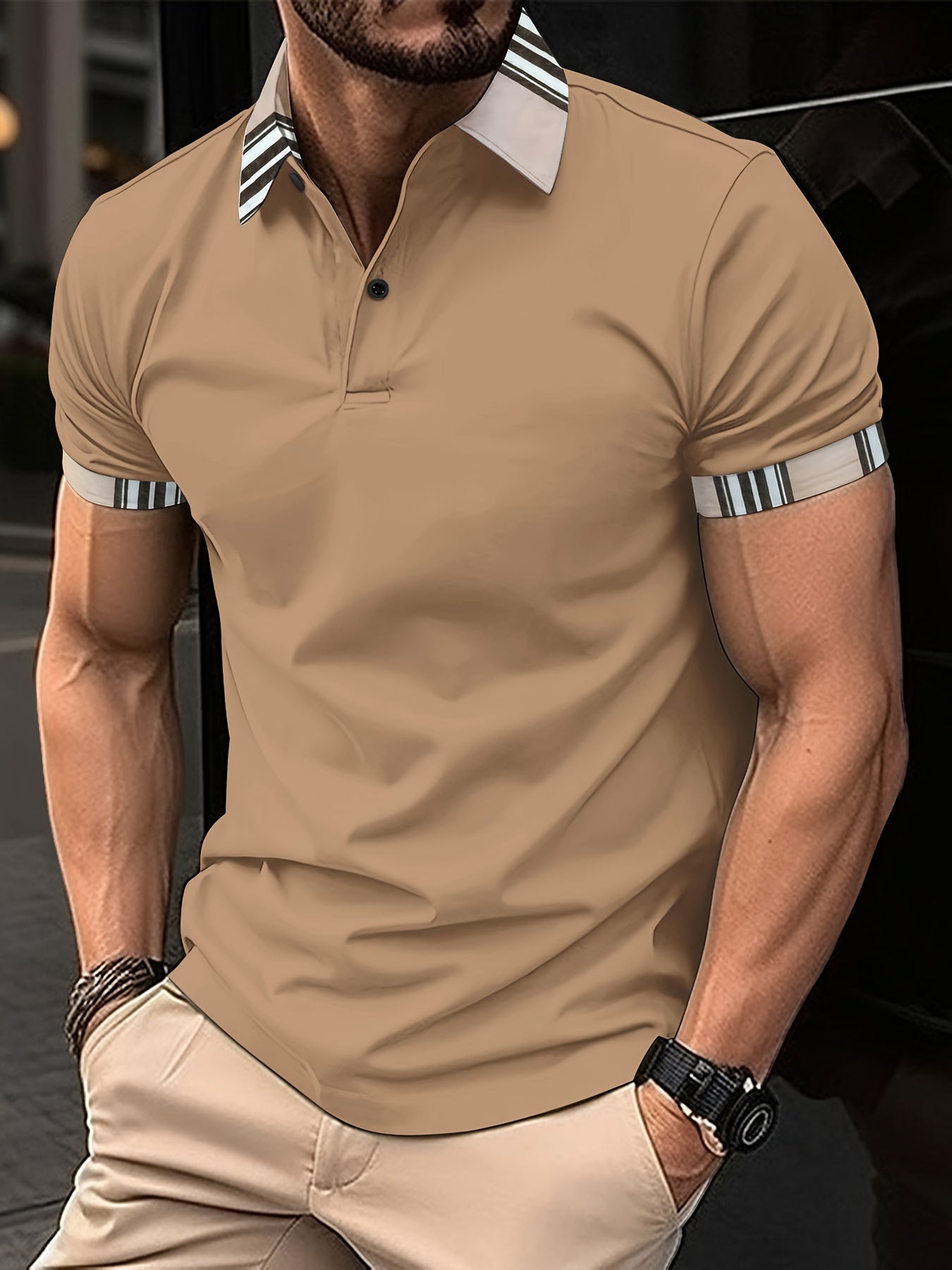 T-shirt à manches courtes, respirant, imprimé à rayures, avec bordure et revers - Topdecheztop.fr