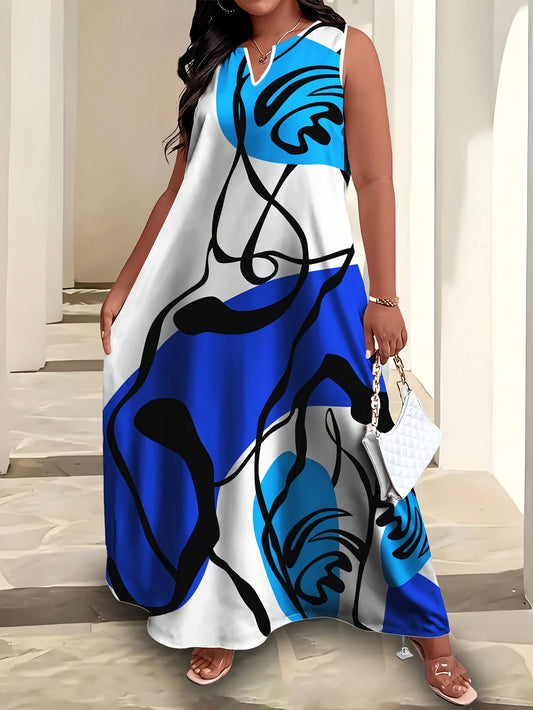 Robe grande taille décontractée, ample et colorée à imprimé, sans manches