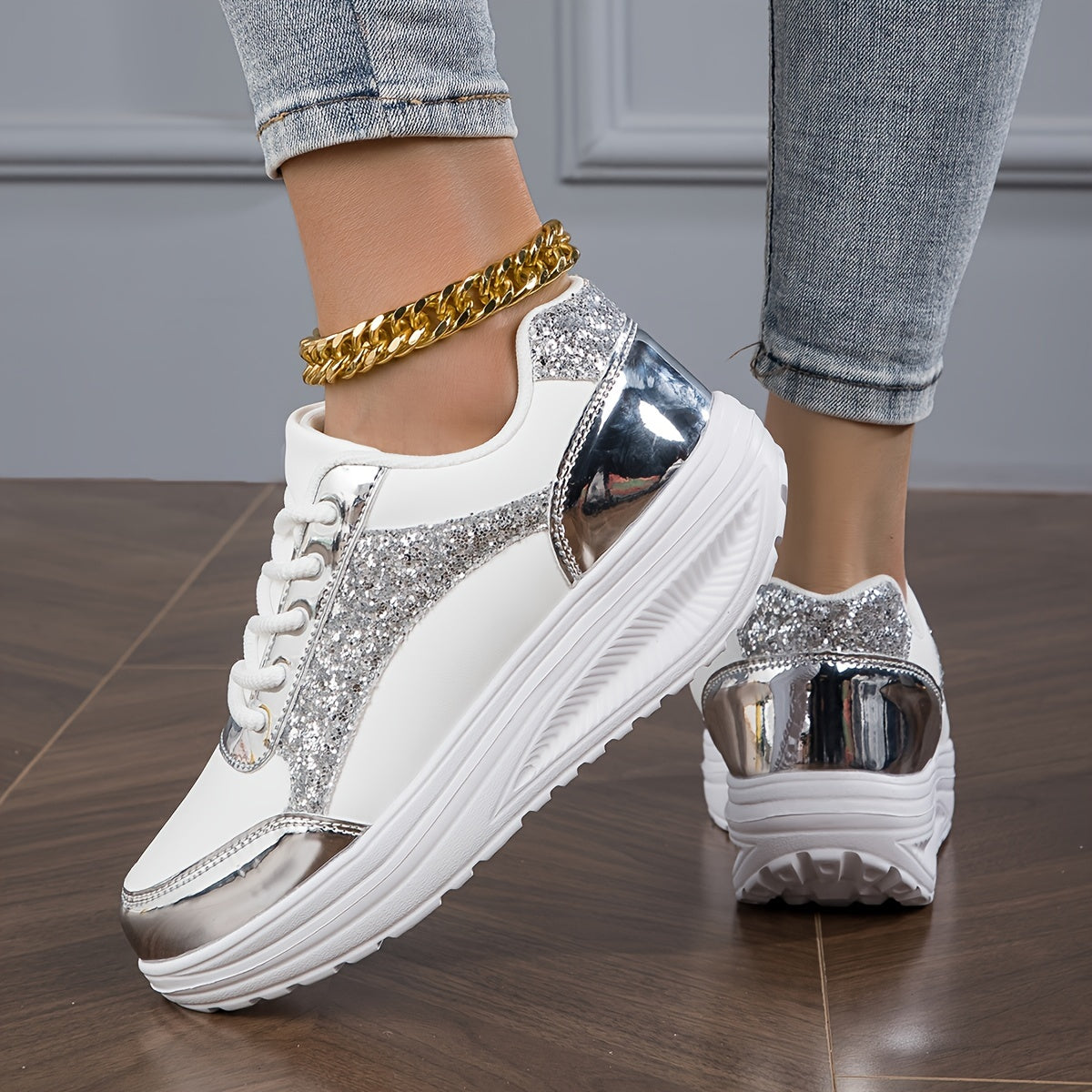 Chaussures à paillettes pour femmes, baskets basses à plateforme tendance - Topdecheztop.fr