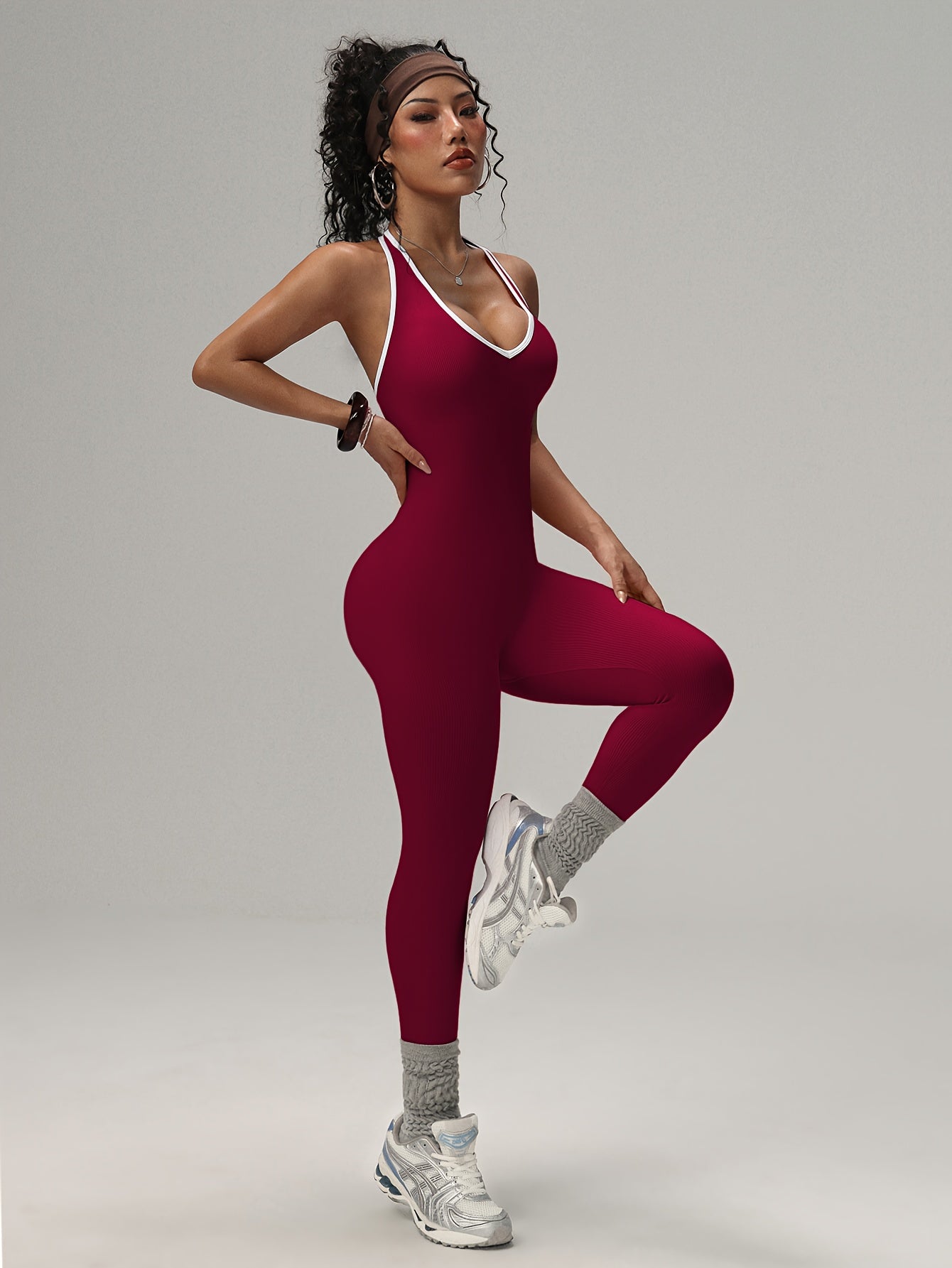 Women'S High-Waisted Yoga Bodysuit - Stretchy, Comfortable, and Sexy Backless Halter Neck Design in Vibrant Pink & Purple Ribbed Patterns, Perfect for Fitness and Exercise, Workout Clothing | Halter Neckline | Stretchy Fabric - Topdecheztop.fr