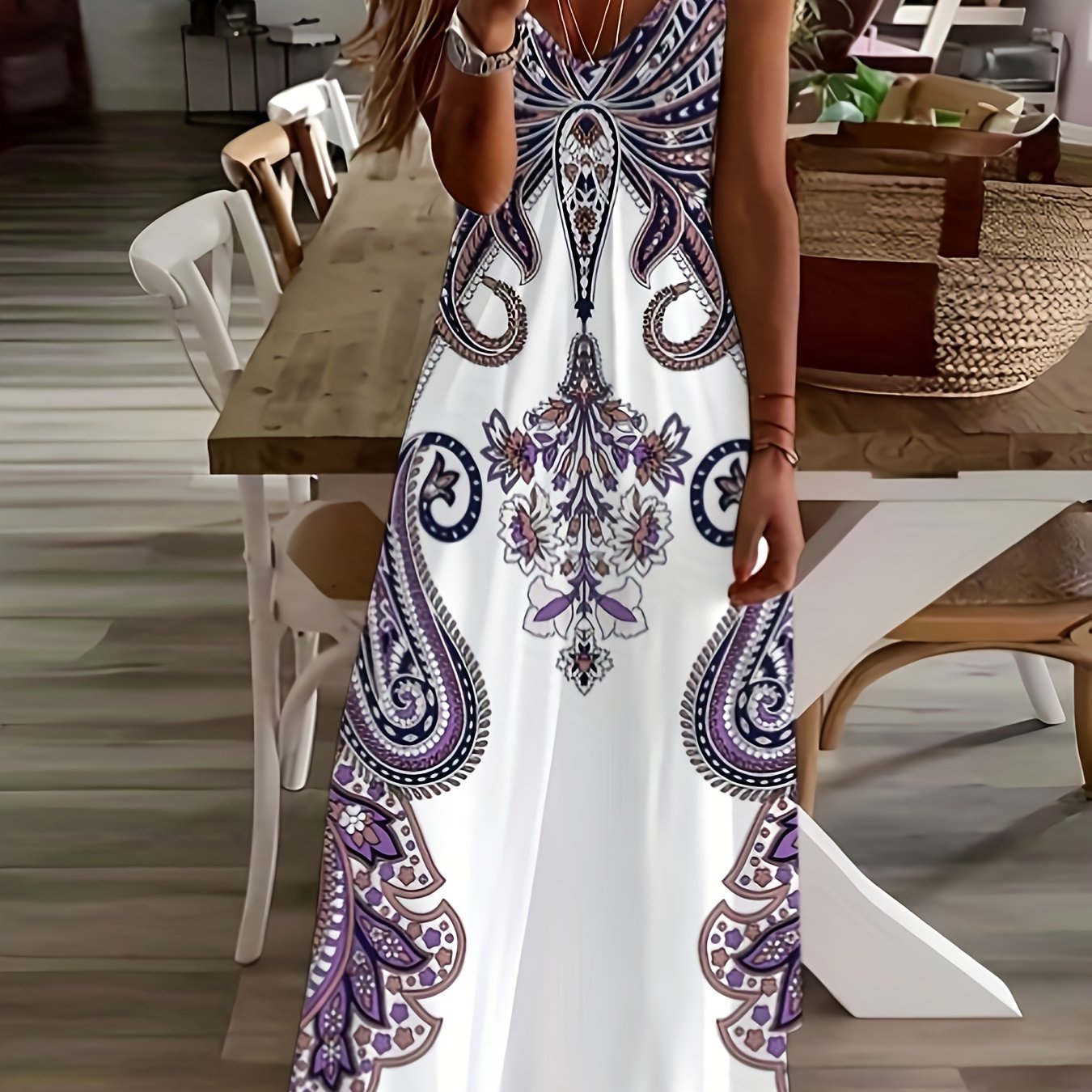 Robe camisole imprimé floral et col en V, robe décontractée sans manches