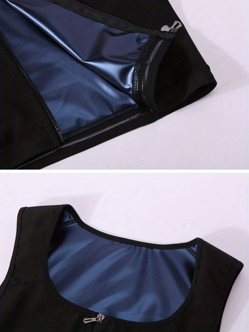 Fitness Boost, Men's Sauna Suit Vest with Zipper - Sleeveless, Slimming Body Shaper for Waist Training and Fitness, Breathable Polyester-Spandex Blend, Ideal for Sports & Outdoor Activities, Yoga Vest|Zipper Front Closure|Dur - Topdecheztop.fr