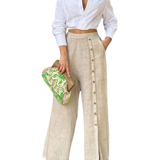 Ensemble deux pièces décontracté à la mode avec chemise à revers et pantalon ample de couleur unie - Topdecheztop.fr