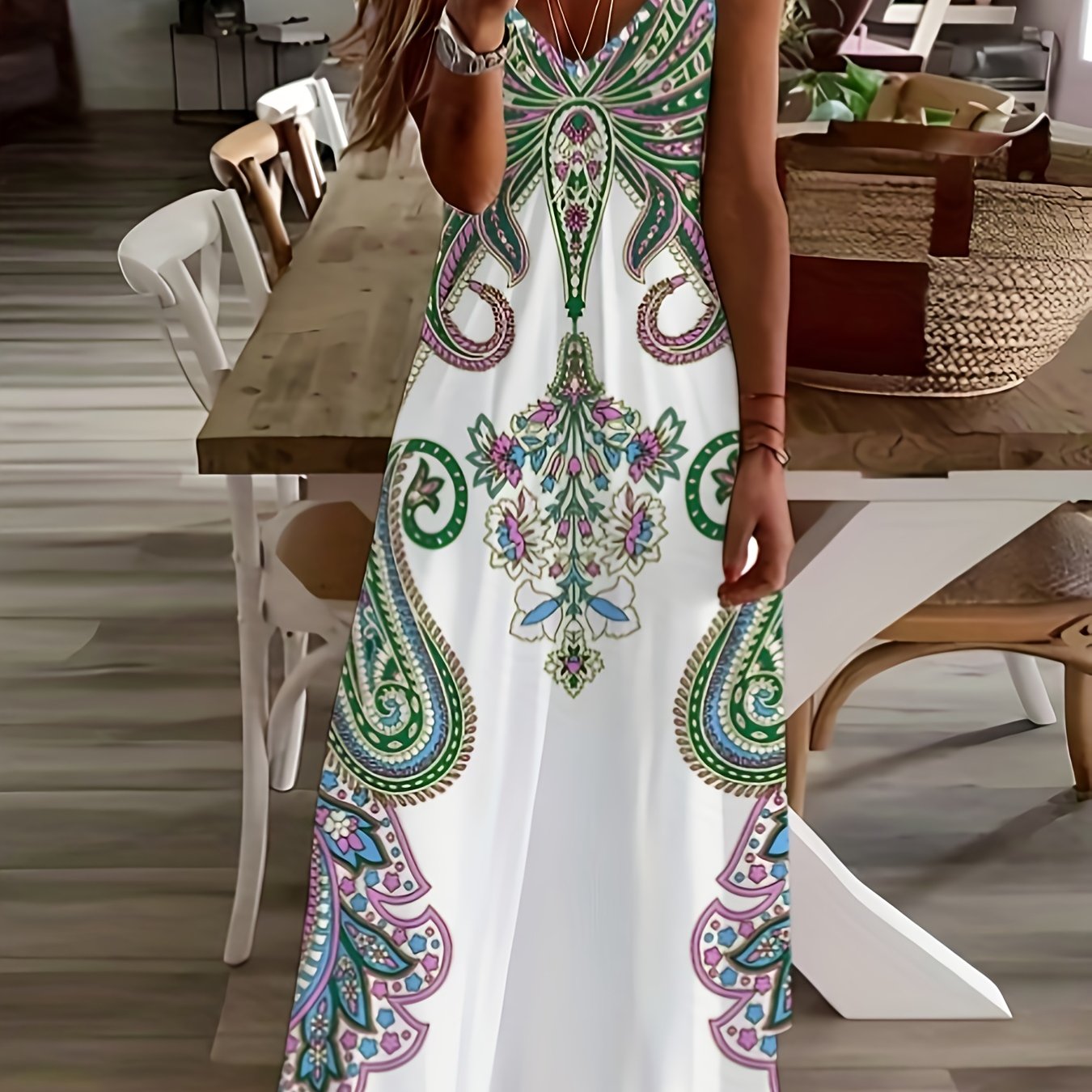 Robe camisole imprimé floral et col en V, robe décontractée sans manches