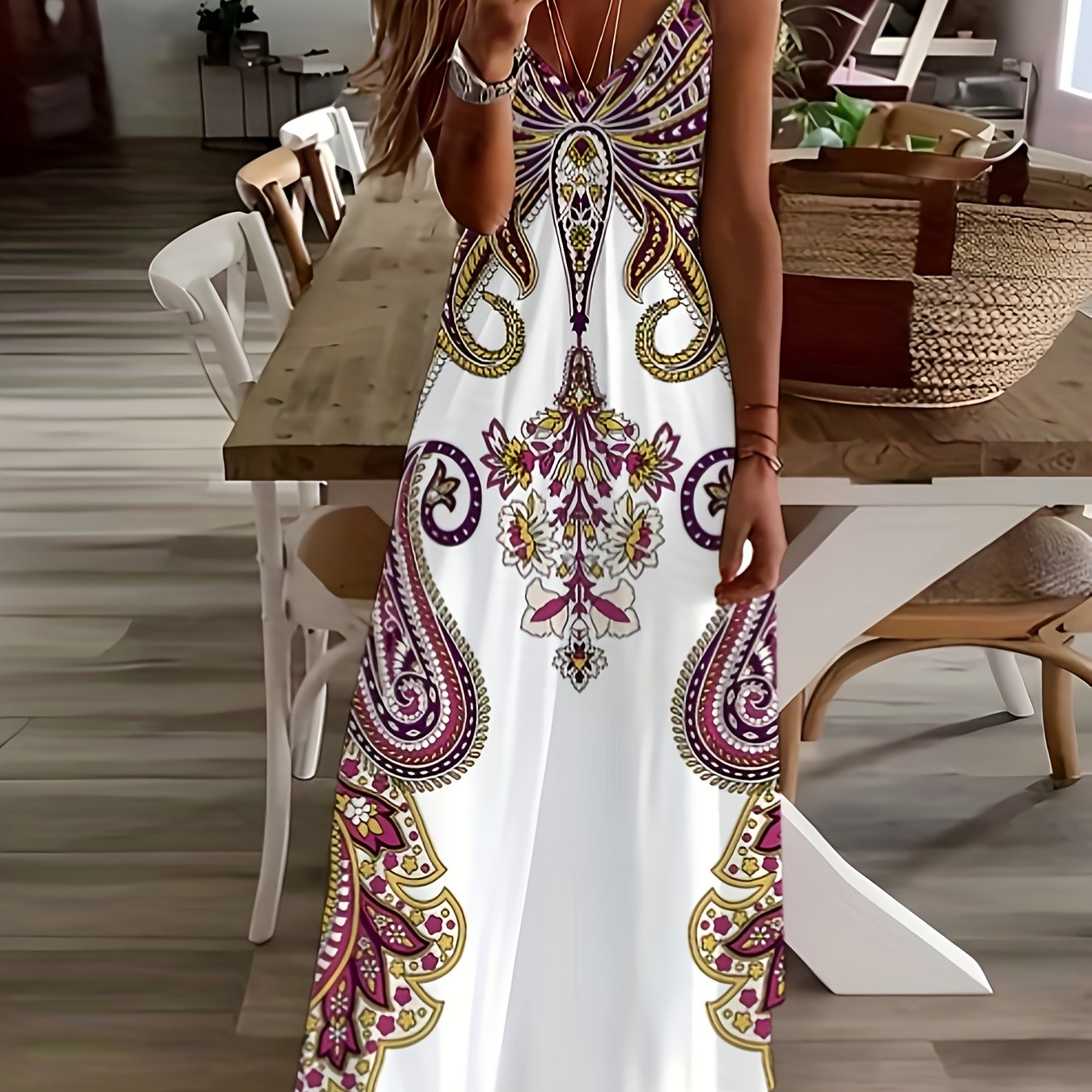 Robe camisole imprimé floral et col en V, robe décontractée sans manches