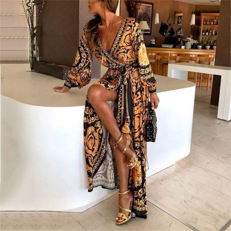 Robe fendue imprimée, col en V - Topdecheztop.fr