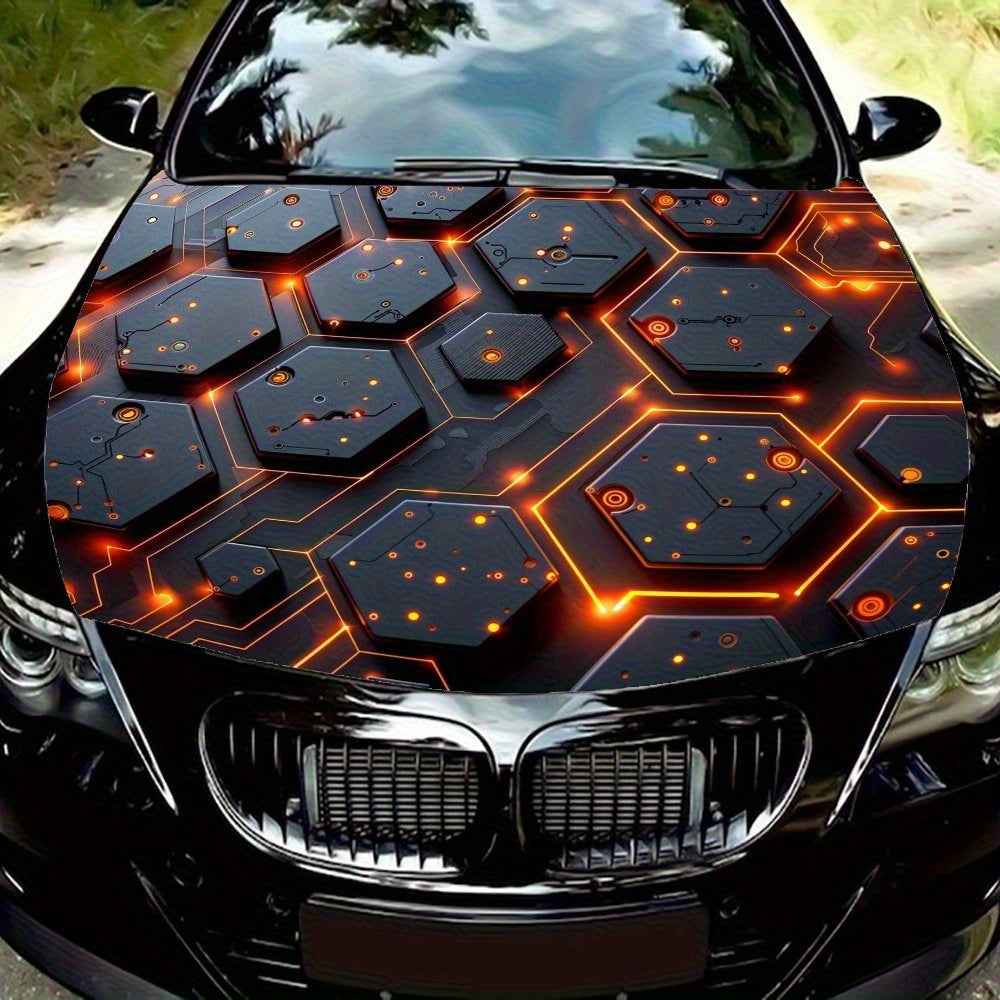 Hexagonal Matrix Stickers-Black with Orange Shining Lines And White Spots, PVC Vinyl Stickers for Car Hoods, SUVs, And Trucks-Fashionable Automotive Accessories Gifts for Vehicle Customization And Decoration, Car Decal Sticke