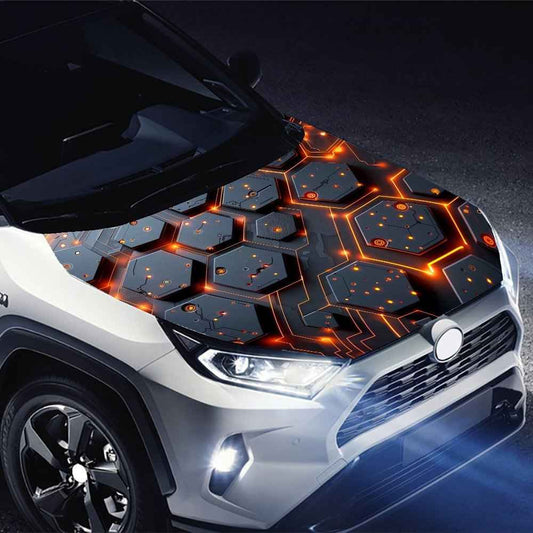 Hexagonal Matrix Stickers-Black with Orange Shining Lines And White Spots, PVC Vinyl Stickers for Car Hoods, SUVs, And Trucks-Fashionable Automotive Accessories Gifts for Vehicle Customization And Decoration, Car Decal Sticke