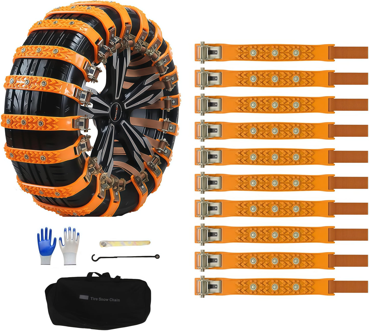 AUTO HIGH Lot de 10 chaînes à neige universelles pour voiture avec sac de rangement et outils - 165-265 mm - Pour voiture, camion, SUV - Antidérapantes - Réglables - Pour l'hiver - Double rangée de