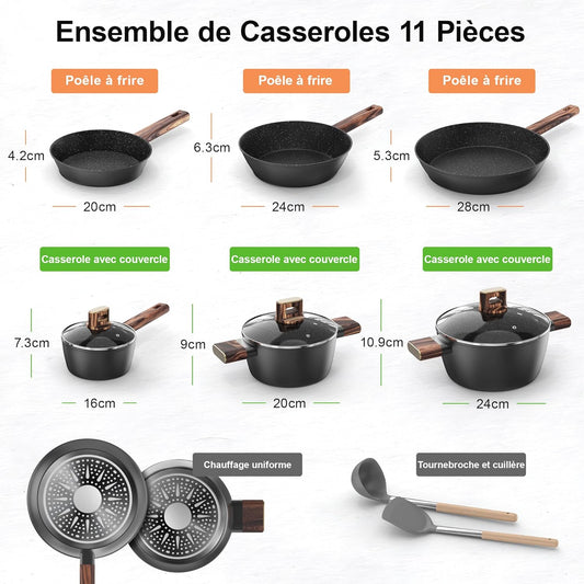 Batterie de Cuisine - Casserole et Poêle Induction de 11 Pièces Antiadhésives Tous Feux, Poêles 20/28 cm, Poêle Profonde 24 cm, Casseroles avec Couvercles 16/20/24 cm, sans PFOA, PFOS Topbooc