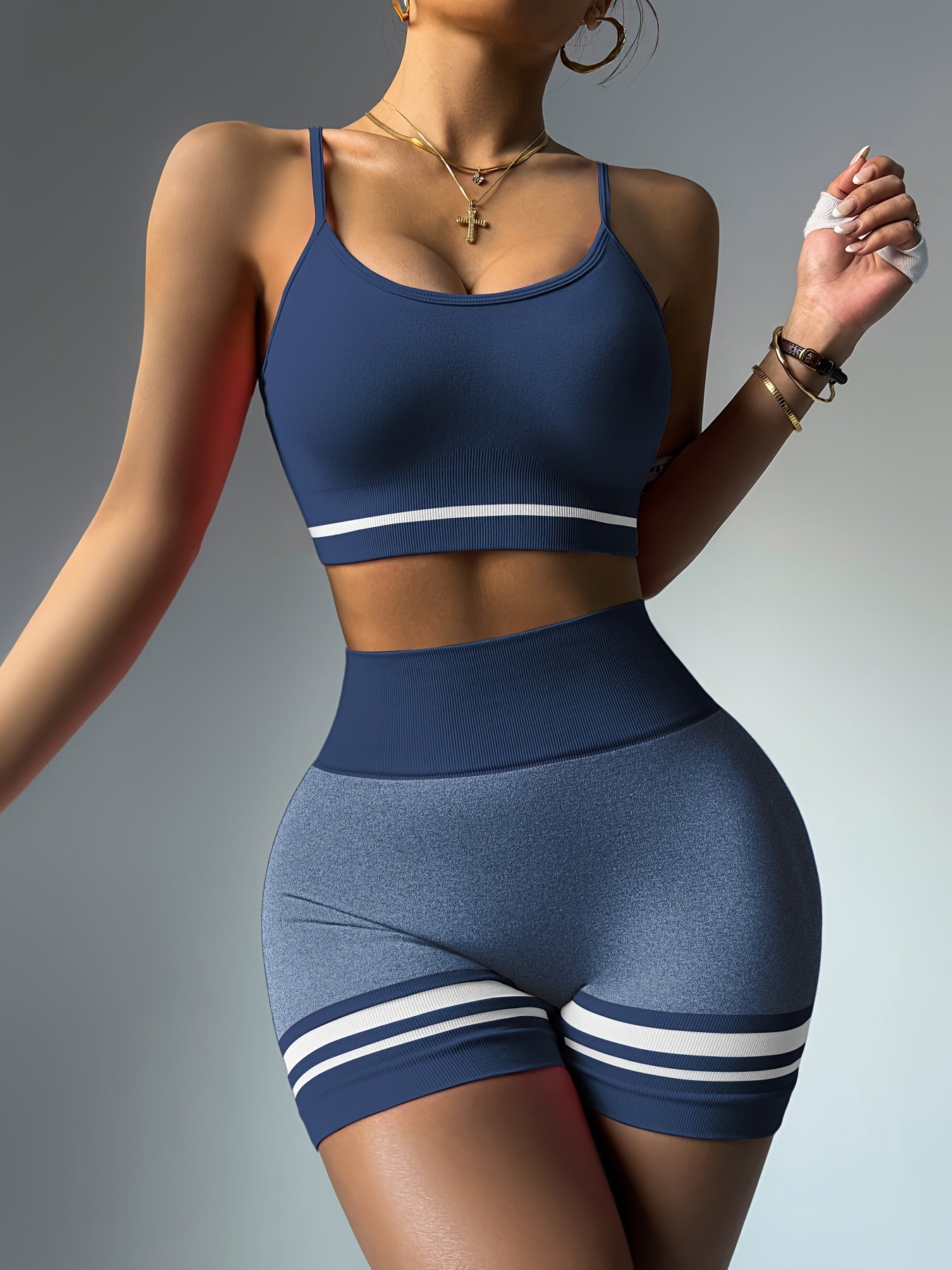 2pcs Women'S Sportswear Set - Adjustable Strap & Supportive Bra Top & High-Waist V-Neck Jeggingsuit with Striped Leggings, Stretchy Fabric, Perfect for Cycling, Yoga, and Indoor Workouts, Gym Clothe - Topdecheztop.fr