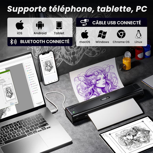 TATTMUSE Thermocopieur Tatouage Bluetooth, Imprimante Stencil Tatouage, Machine Transfert de Tatouage pour Artistes de Tatouage et débutants, Imprimante de Tatouage avec 10 Feuilles de Papier