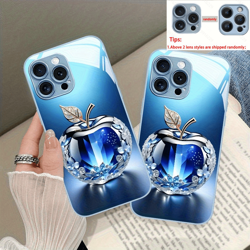 Nouvelle coque de téléphone en verre à motif Apple en cristal bleu - Topdecheztop.fr
