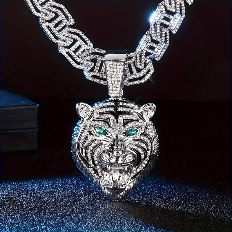 Pendentif tête de tigre aux yeux verts, 1 pièce, avec un collier cubain en strass
