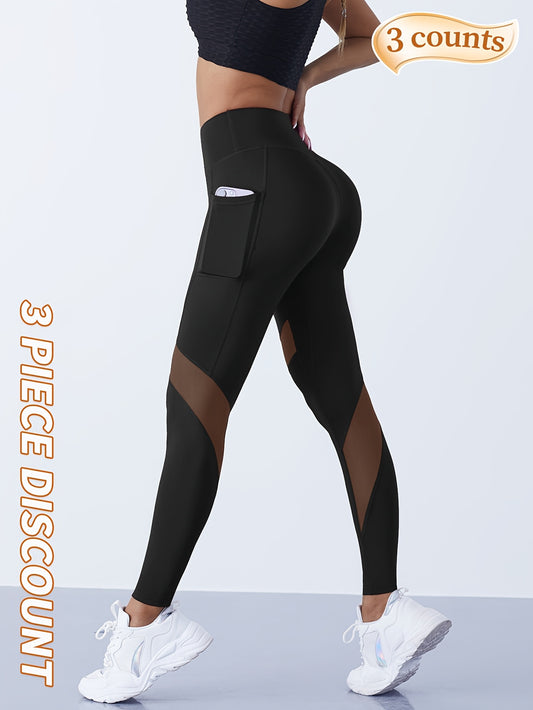 3pcs Women's High-Waist Yoga Leggings - Sweat Absorbent, Butt-Lifting, Breathable Workout Pants for Outdoor Fitness & Casual Wear (Black, Navy Blue, Red) - Topdecheztop.fr