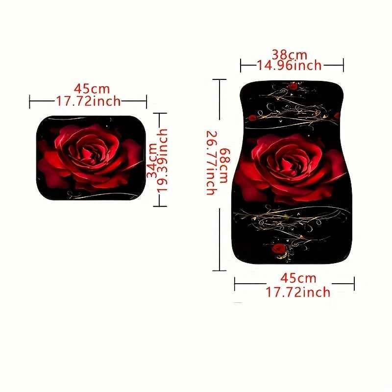 Red Rose Art Pattern Car Premium Floor Mats Set, Universal Front and Rear Row Footmats for Cars, All-Weather Non-Slip Mats, Odorless Absorbent Durable Easy to Install