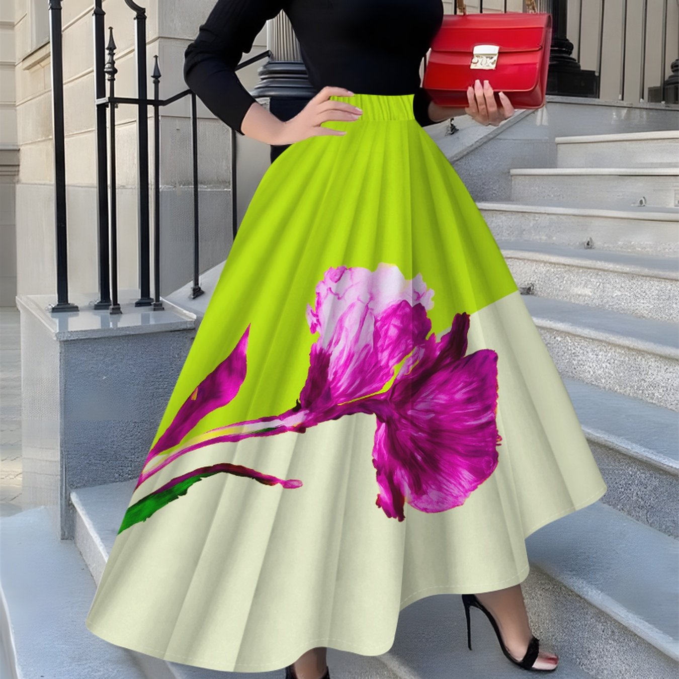 Jupe mi-longue élégante pour femme, imprimée de fleurs et d'orchidées roses