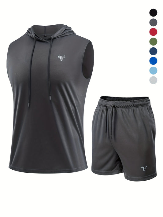 2pcs Men's Casual Sportswear Set, Drawstring Hooded Vest and Soft Comfortable Outdoor Pants, Polyester Knit Fabric - Cool, Breathable, Quick-Dry, Soft & Cozy Multifunctional Gym Wear for Daily Workouts, Running, Cycling, Fish - Topdecheztop.fr