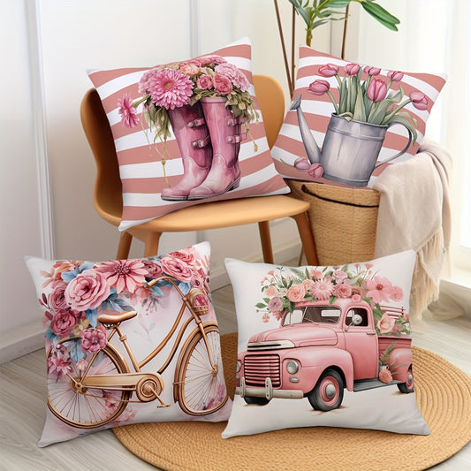 Lot de 4 taies d'oreiller en velours peau de pêche, motif aquarelle rose - Topdecheztop.fr