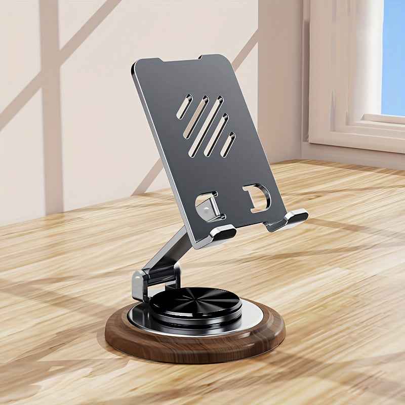 Walnut Wood Grain Folding Mobile Phone Holder, Adjustable Folding Desktop Mobile Phone Holder, All Metal 360-Degree Rotating Holder, Suitable for Mobile Phone Desktop Holder, Suitable for Home, Office And Travel Use-Ideal Gif