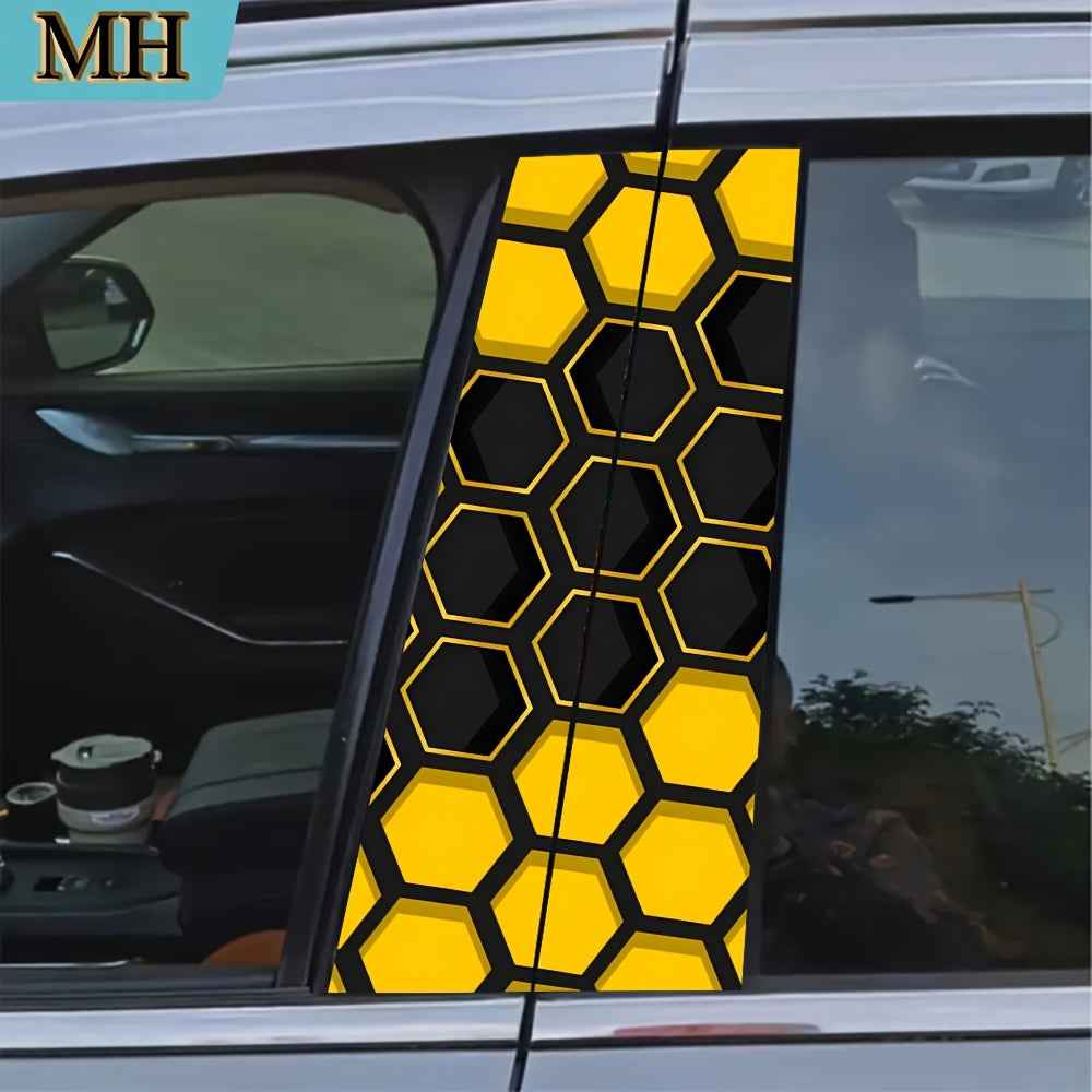 2pcs high quality car stickers, cool yellow honeycomb pattern door pillar stickers, self-adhesive waterproof vinyl semi-matte B-pillar protective film for B-pillar exterior accessories