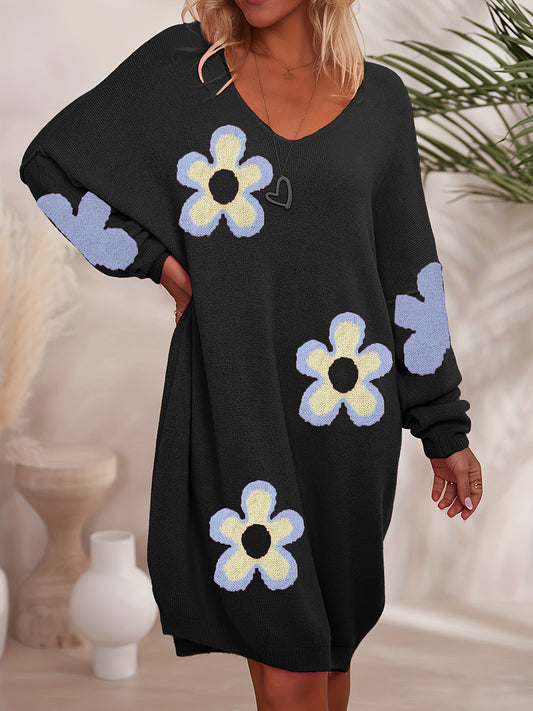 Robe en maille à motifs floraux grande taille, robe décontractée