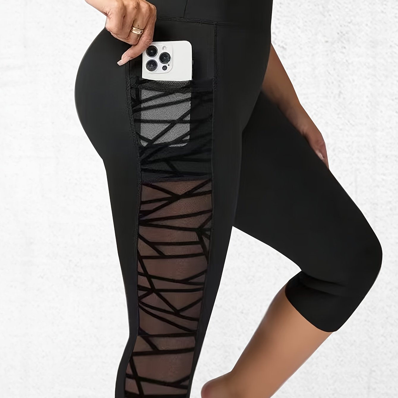 1pc Women'S Plus Size High-Waisted Yoga Pants with Mesh Panels - Stretchy, Side Pockets, and Slim Fit for Running, Cycling, and Workouts - Black, Workout Leggings | Highwaisted Leggings | Stretchy Fabric - Topdecheztop.fr