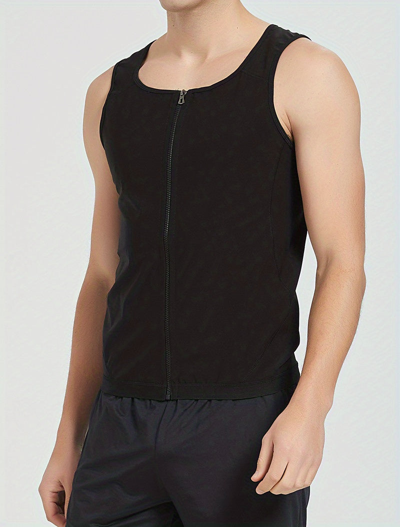 Fitness Boost, Men's Sauna Suit Vest with Zipper - Sleeveless, Slimming Body Shaper for Waist Training and Fitness, Breathable Polyester-Spandex Blend, Ideal for Sports & Outdoor Activities, Yoga Vest|Zipper Front Closure|Dur - Topdecheztop.fr