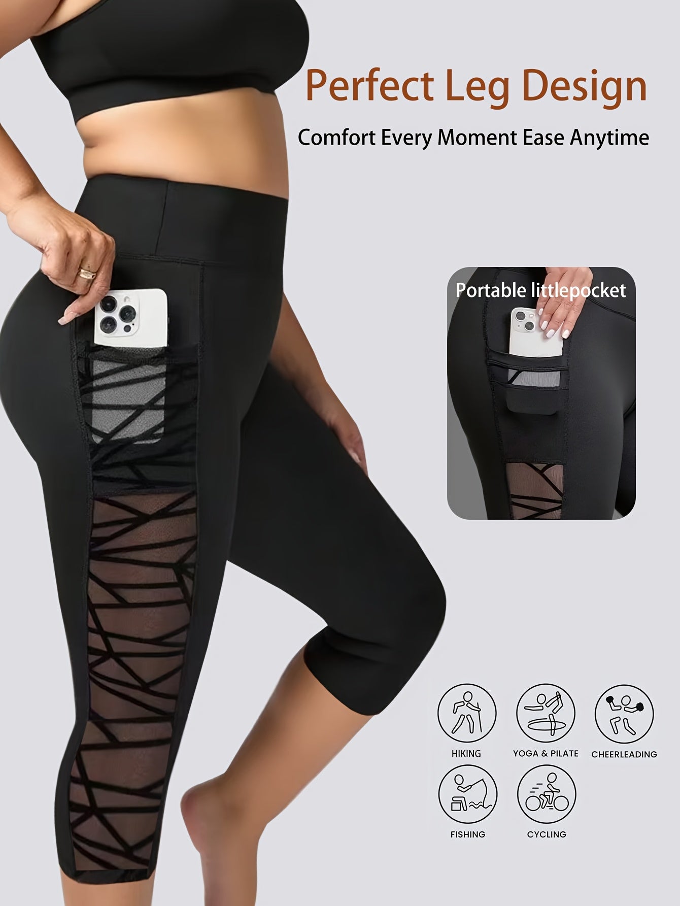 1pc Women'S Plus Size High-Waisted Yoga Pants with Mesh Panels - Stretchy, Side Pockets, and Slim Fit for Running, Cycling, and Workouts - Black, Workout Leggings | Highwaisted Leggings | Stretchy Fabric - Topdecheztop.fr