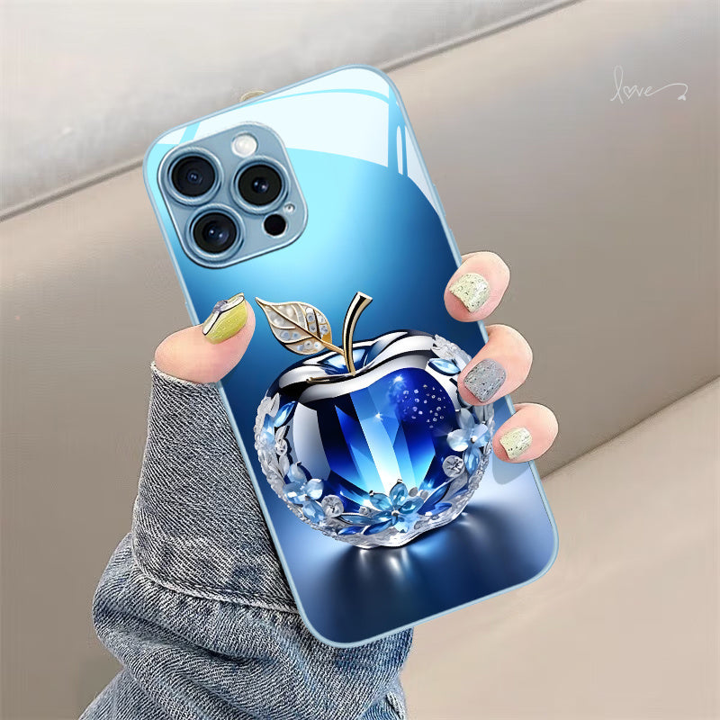 Nouvelle coque de téléphone en verre à motif Apple en cristal bleu - Topdecheztop.fr