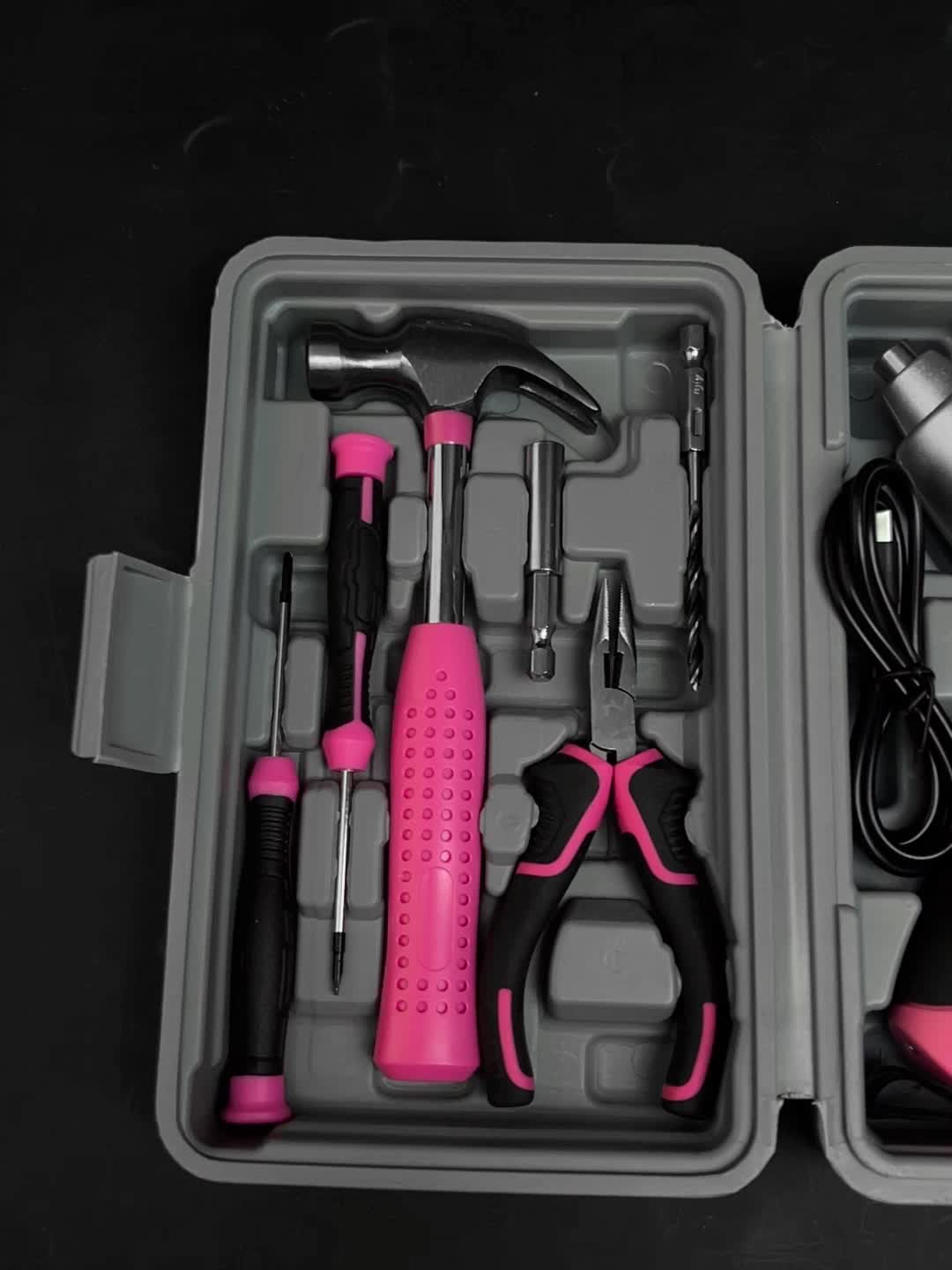 Ensemble de tournevis électriques rose à usage domestique, compact et facile