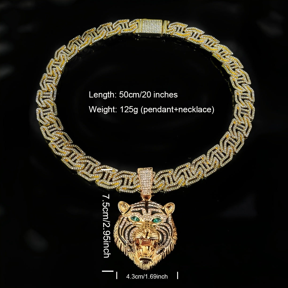 Pendentif tête de tigre aux yeux verts, 1 pièce, avec un collier cubain en strass