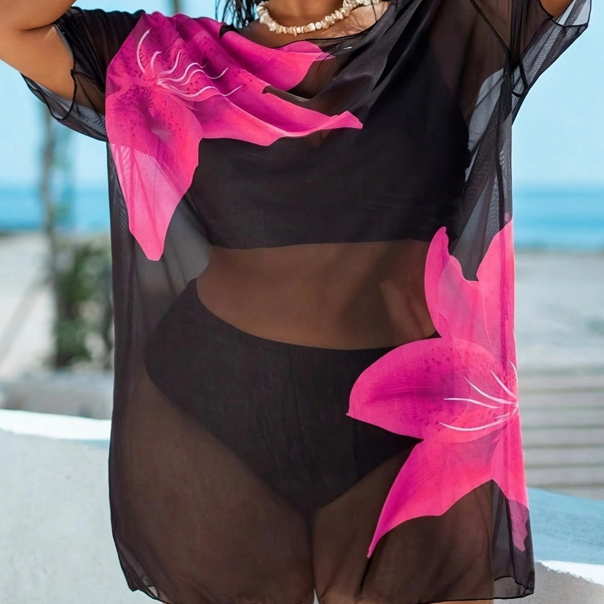 Robe de Plage Grande Taille Imprimé Floral Semi-Transparent