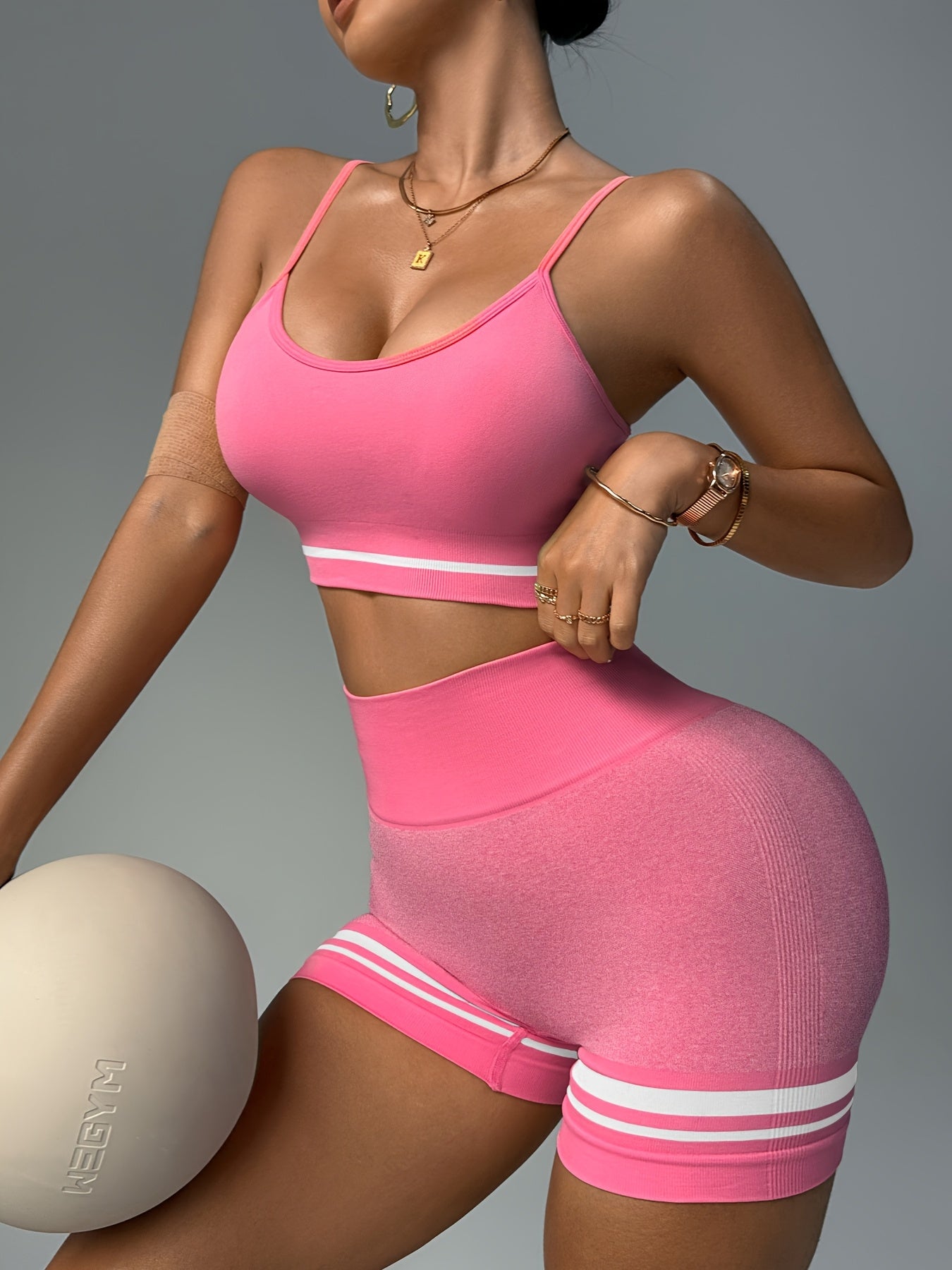 2pcs Women'S Sportswear Set - Adjustable Strap & Supportive Bra Top & High-Waist V-Neck Jeggingsuit with Striped Leggings, Stretchy Fabric, Perfect for Cycling, Yoga, and Indoor Workouts, Gym Clothe - Topdecheztop.fr