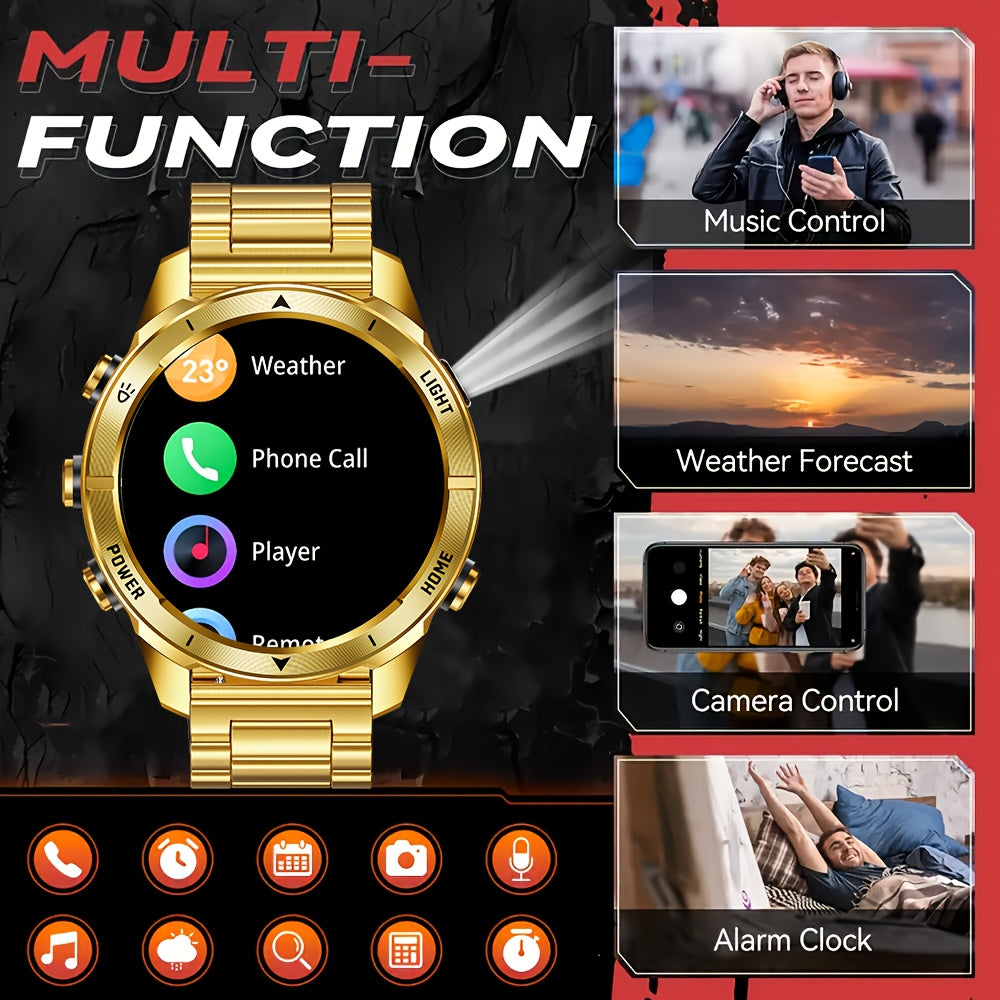 Montre connectée avec bracelet en acier doré, écran tactile haute définition