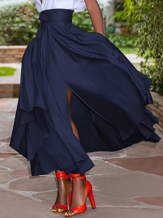 Plus Size Elegant Solid Color Maxi Skirt with Asymmetrical Hem and Belt - Casual Long Skirt with Pockets, Non-Stretch Polyester, Machine Washable - Navy Blue, Perfect for Spring/Summer/Fall, Plus Size Skirts - Topdecheztop.fr
