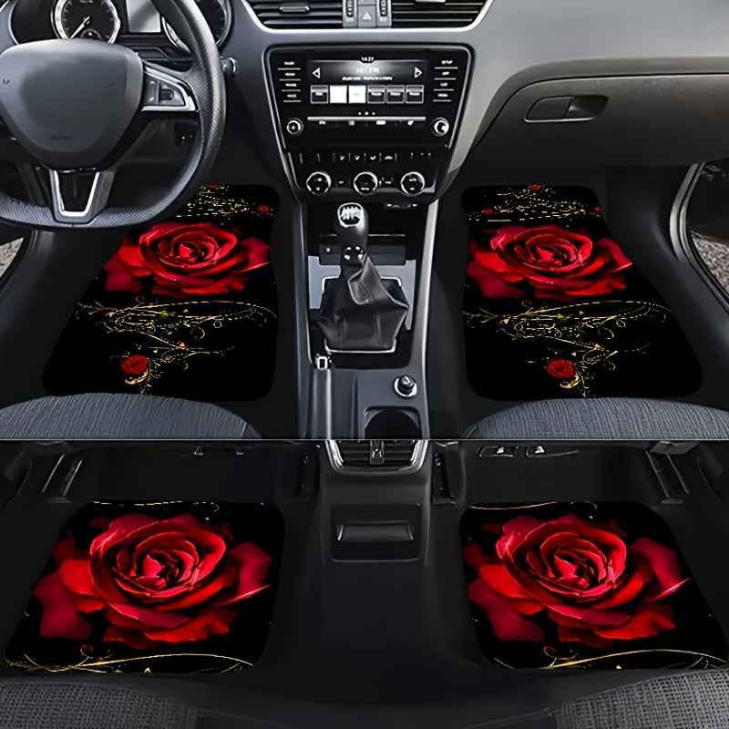 Red Rose Art Pattern Car Premium Floor Mats Set, Universal Front and Rear Row Footmats for Cars, All-Weather Non-Slip Mats, Odorless Absorbent Durable Easy to Install