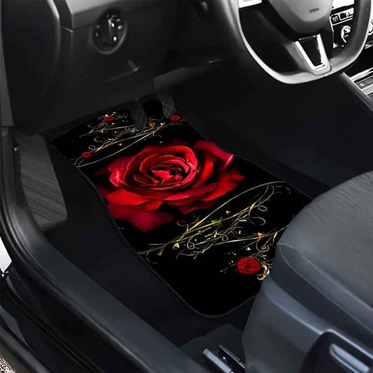Red Rose Art Pattern Car Premium Floor Mats Set, Universal Front and Rear Row Footmats for Cars, All-Weather Non-Slip Mats, Odorless Absorbent Durable Easy to Install