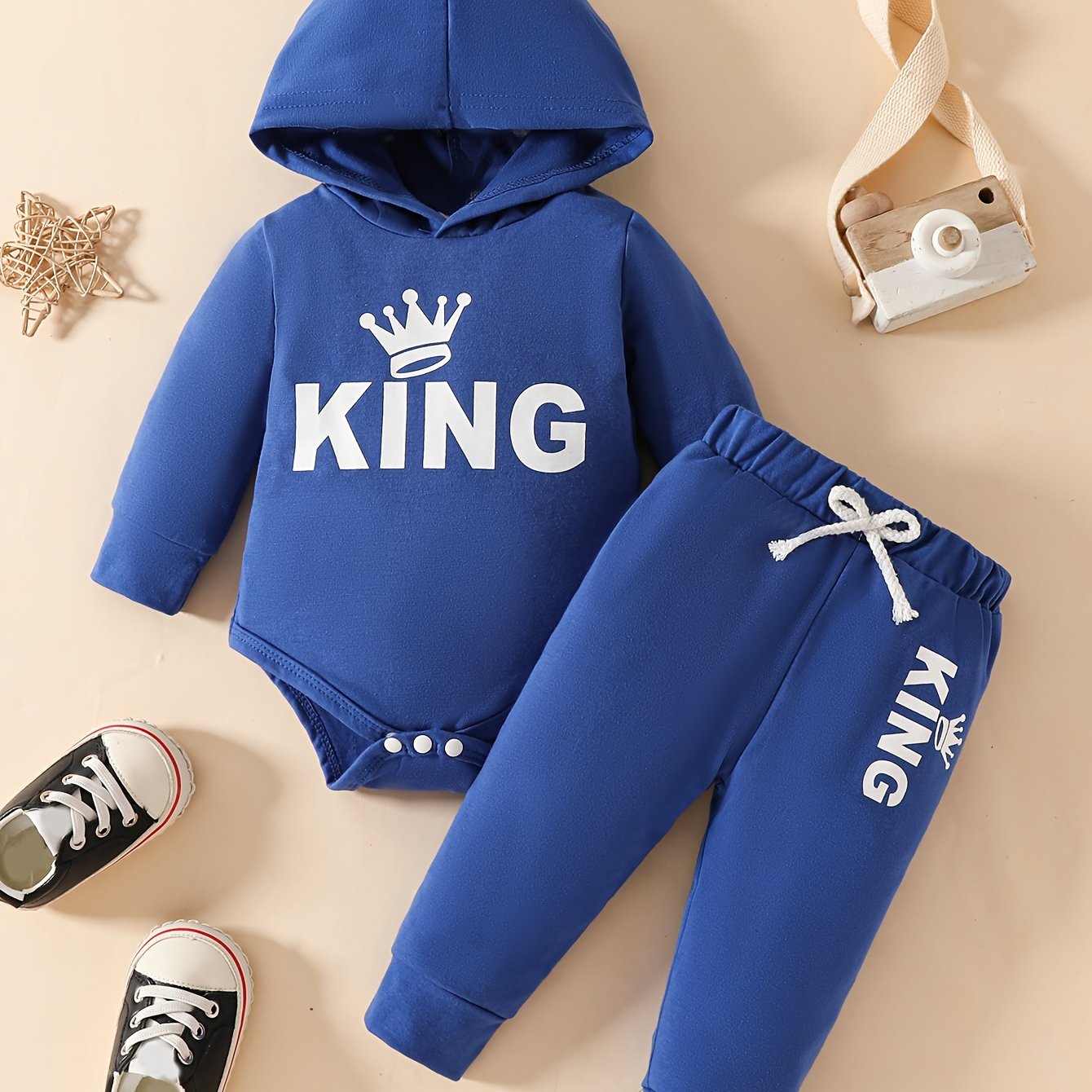 2pcs Baby's KING Crown Print Hooded Bodysuit & Casual Pants, Toddler & Infant Boy's Clothing Set For Fall - Topdecheztop.fr