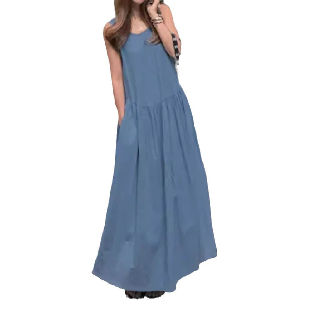 Robe longue ample à col rond et sans manches, grande taille, couleur unie