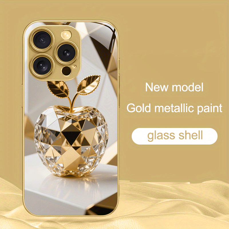 Coque en verre trempé en métal doré à motif pomme dorée, IPHONE - Topdecheztop.fr