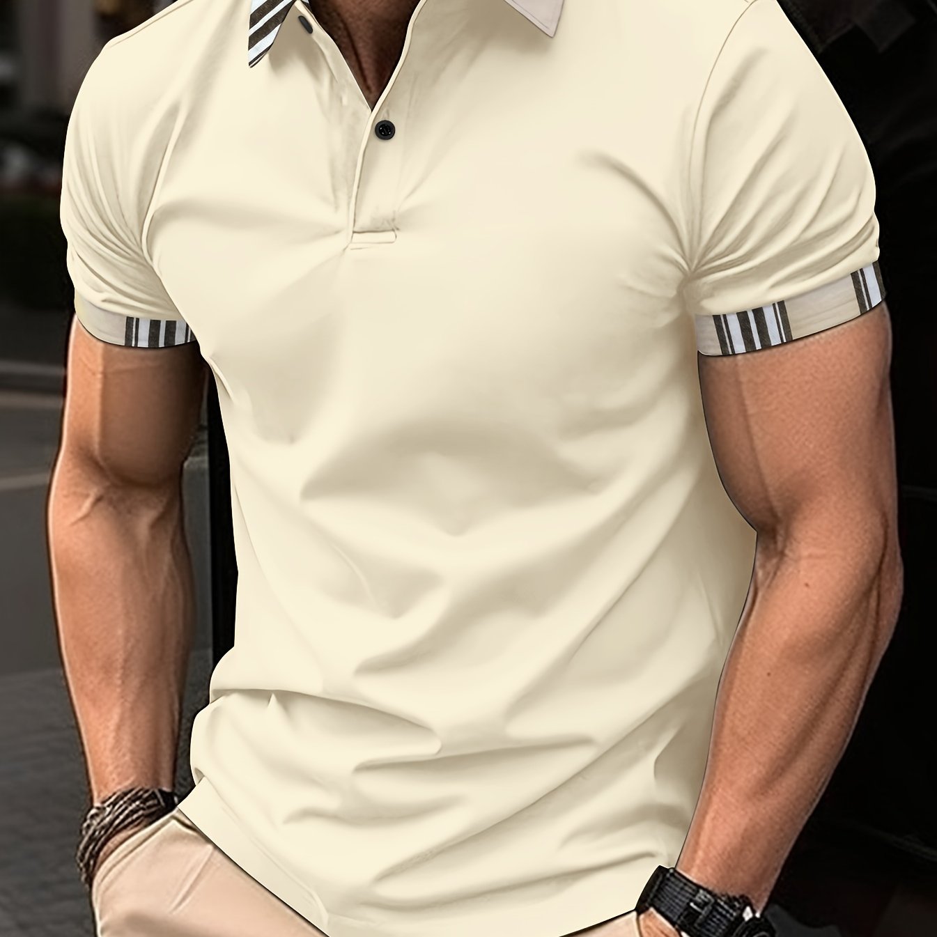 T-shirt à manches courtes, respirant, imprimé à rayures, avec bordure et revers - Topdecheztop.fr