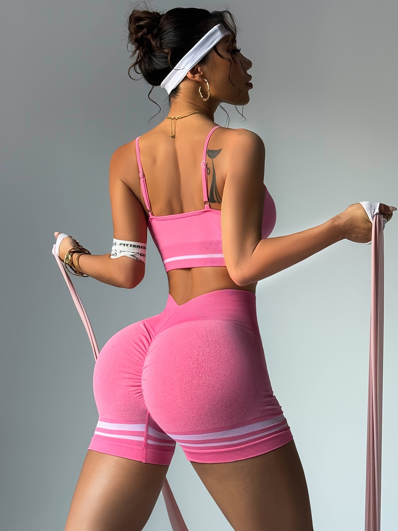 2pcs Women'S Sportswear Set - Adjustable Strap & Supportive Bra Top & High-Waist V-Neck Jeggingsuit with Striped Leggings, Stretchy Fabric, Perfect for Cycling, Yoga, and Indoor Workouts, Gym Clothe - Topdecheztop.fr