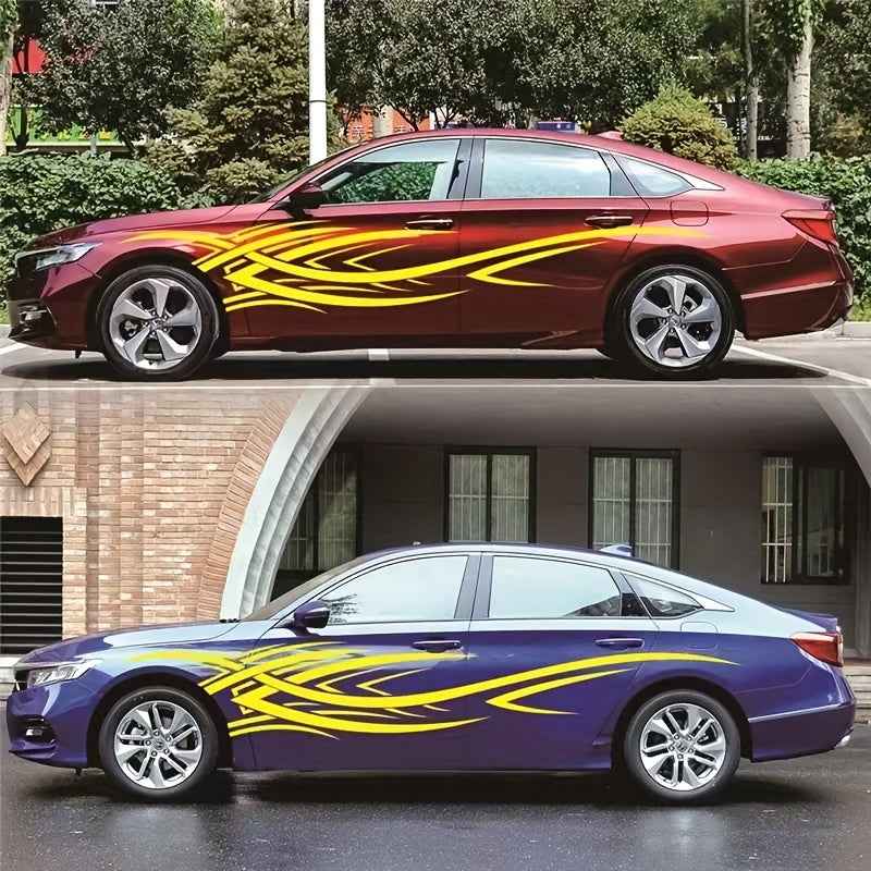 2pcs Sports Car Vinyl Stickers - Black & White Aggressive Design, Self-Adhesive Side Skirts for Cars, Trucks, and Motorcycles, Glossy Finish, Single Use, Sports Car Accessories | Aggressive Design | Glossy Vinyl