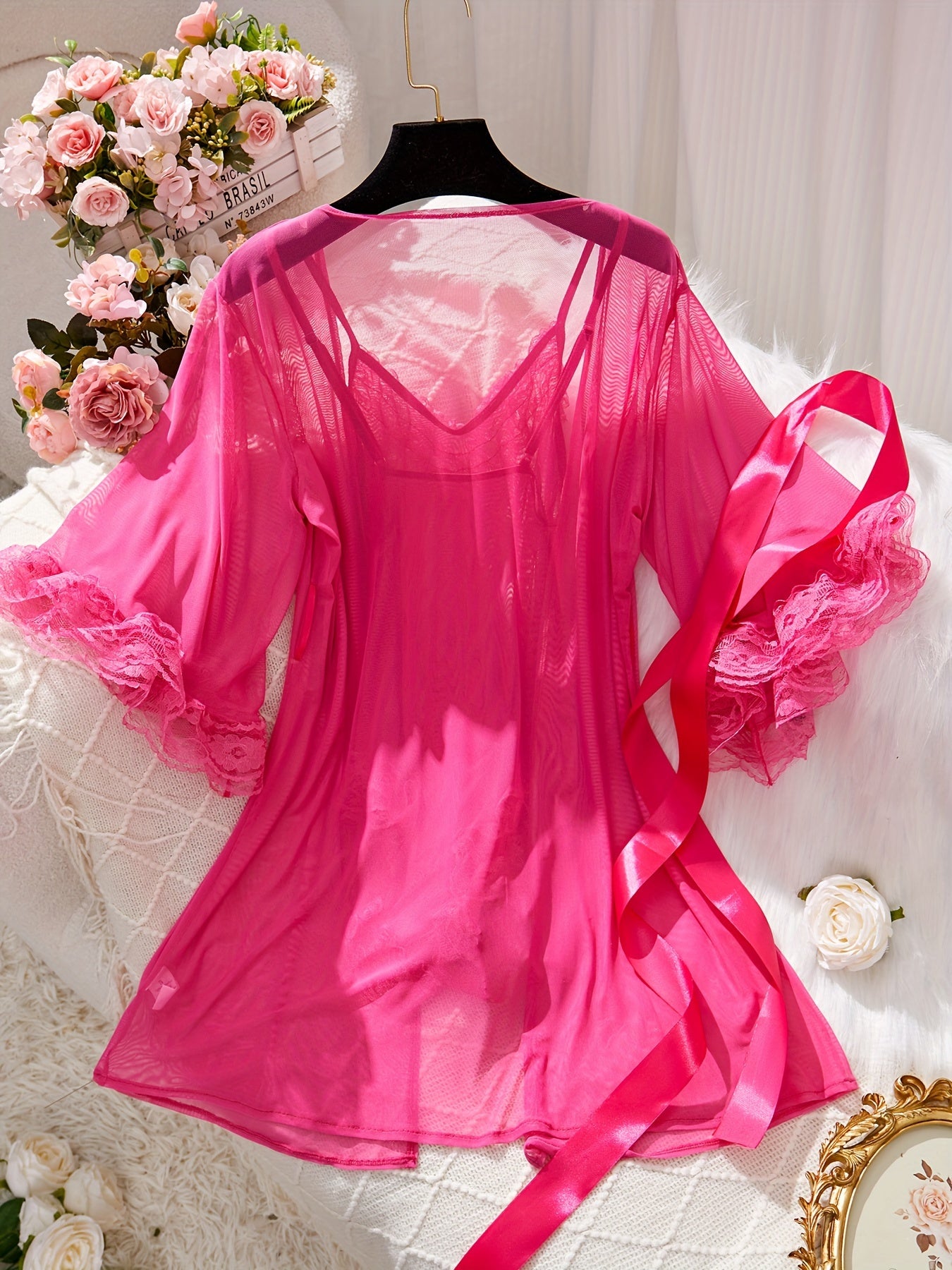 Ensemble de lingerie en dentelle contrastée unie, body et peignoir à col en V - Topdecheztop.fr